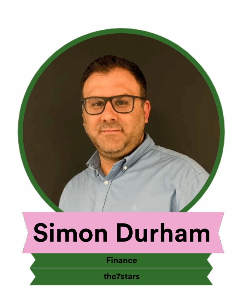 A man with glasses and short hair wears a blue shirt, smiling in front of a dark background. Below his image, text reads "Simon Durham, Finance, the7stars," styled in vibrant colors.
