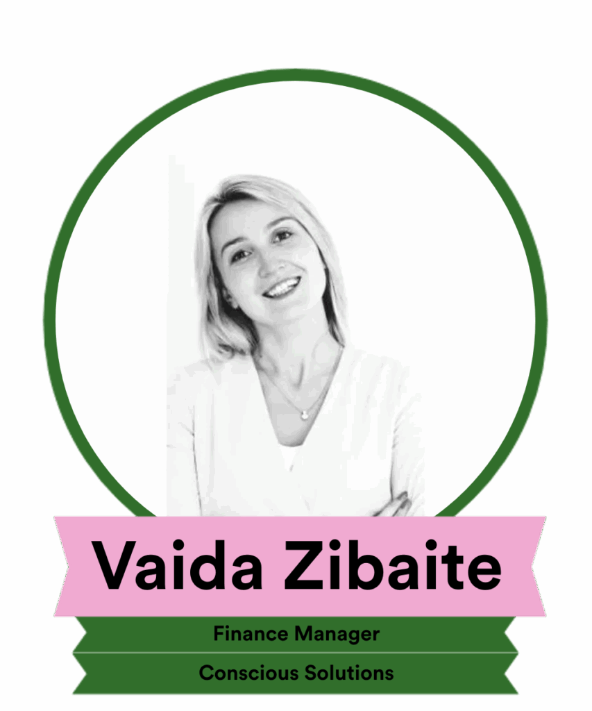A professional portrait of Vaida Zibaite, a Finance Manager at Conscious Solutions, smiling and dressed in a white blouse. The image features her name prominently displayed on a pink banner below the circular photo.