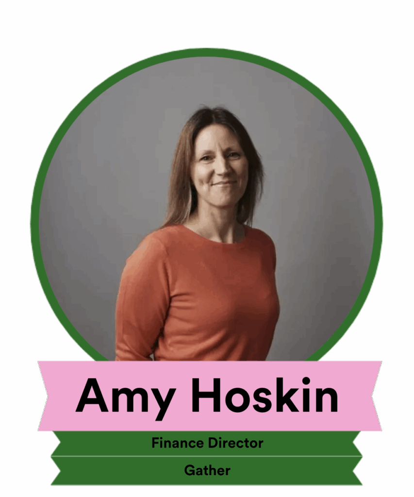 A woman with long brown hair smiles while wearing an orange sweater. She is depicted within a circular frame, accompanied by the text "Amy Hoskin" and her title "Finance Director, Gather" in pink.
