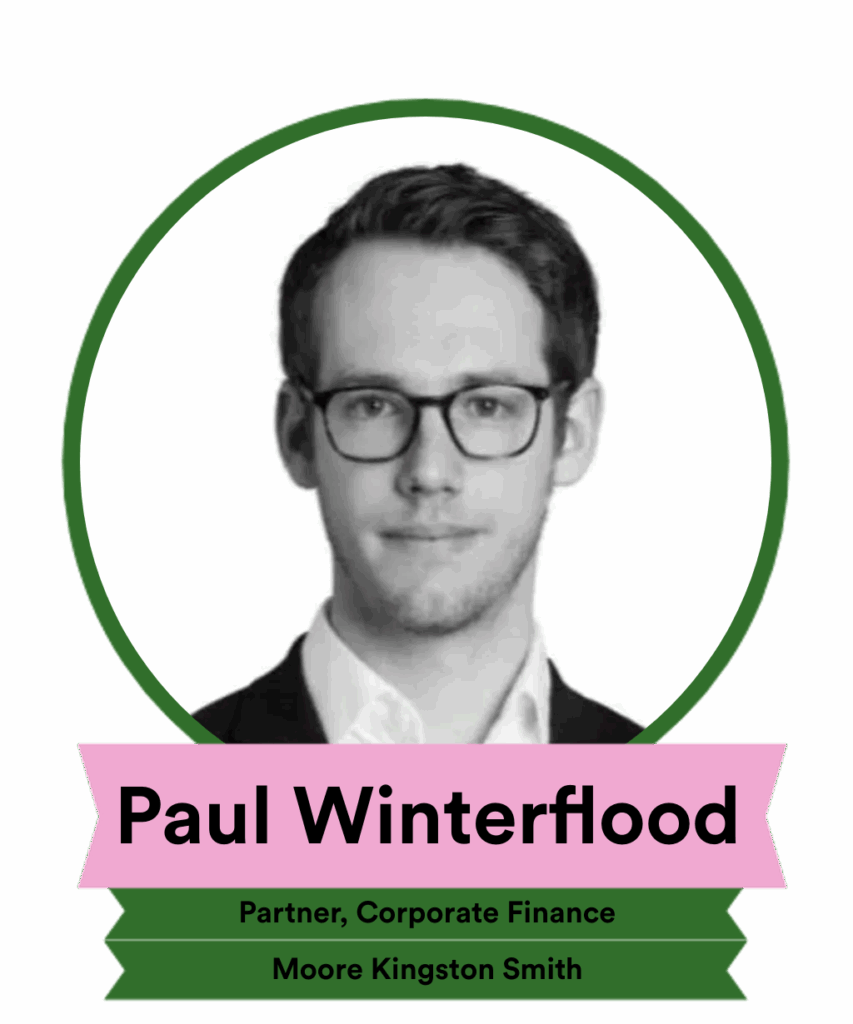A professional headshot of Paul Winterflood, a partner in corporate finance at Moore Kingston Smith. He has glasses and is wearing a black suit. His name and title are displayed beneath the image.