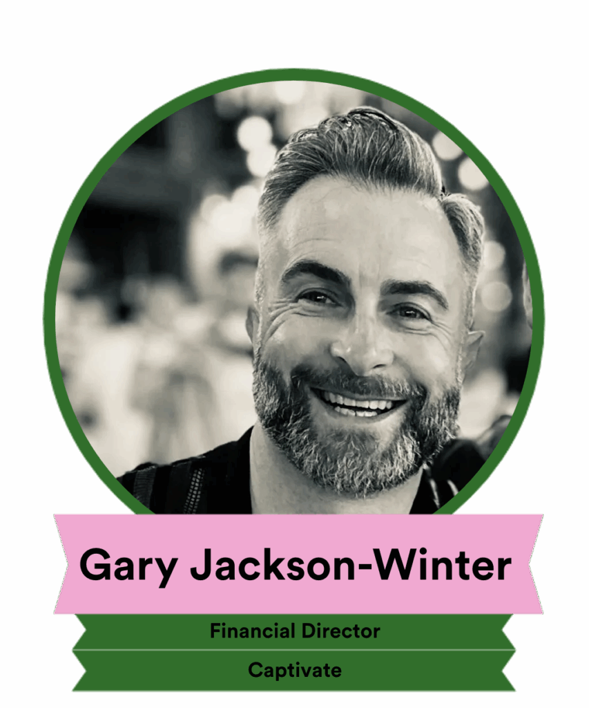 A smiling man with a beard, wearing a black shirt, is featured in a circular frame. Below the image, text identifies him as Gary Jackson-Winter, Financial Director at Captivate. The background is green with a pink banner highlighting his name and title.