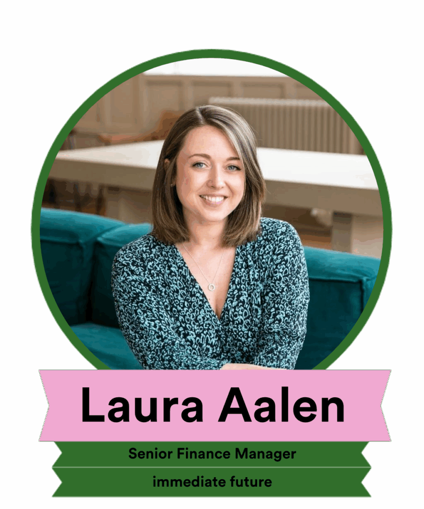 A smiling woman with shoulder-length brown hair sits on a green couch, wearing a teal patterned blouse. Below her image is a name banner that reads "Laura Aalen," along with the title "Senior Finance Manager" and the phrase "immediate future."