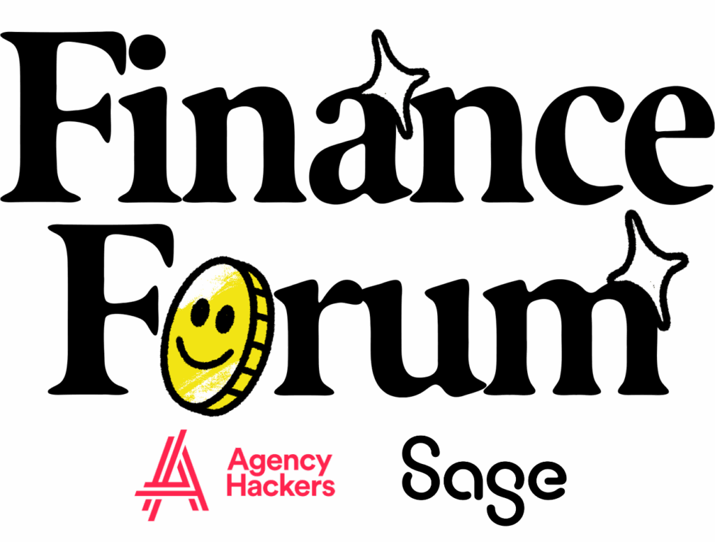 Logo for the Finance Forum, featuring the text "Finance Forum" in a bold font alongside a smiling coin. The design includes elements representing the organizing entities, Agency Partners and Sage, highlighting a financial theme.