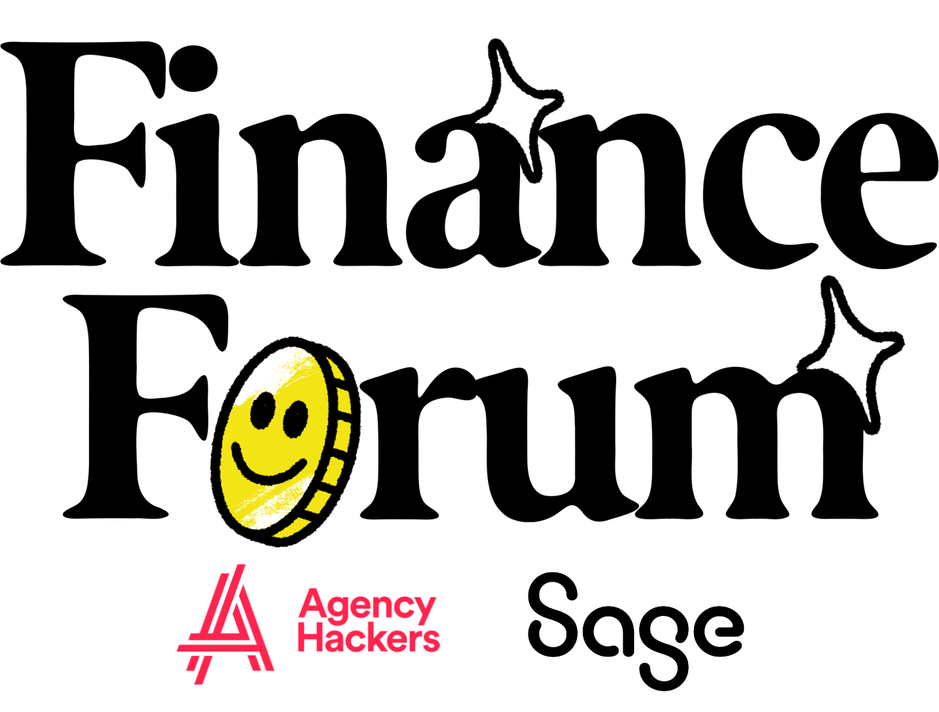 Logo for the Finance Forum, featuring the text "Finance Forum" in a bold font alongside a smiling coin. The design includes elements representing the organizing entities, Agency Partners and Sage, highlighting a financial theme.