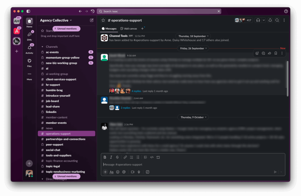 A screenshot of a messaging application displaying a channel for support questions. The sidebar shows various channels and users, while the main area contains a conversation thread with text and emojis. The interface is dark-themed with a purple color scheme.