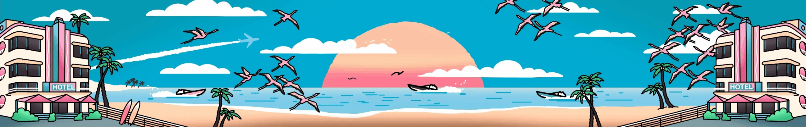 A vibrant beach scene featuring palm trees, a sunset over the ocean, and stylized buildings. Silhouettes of birds fly across the sky, creating a relaxed, tropical atmosphere.
