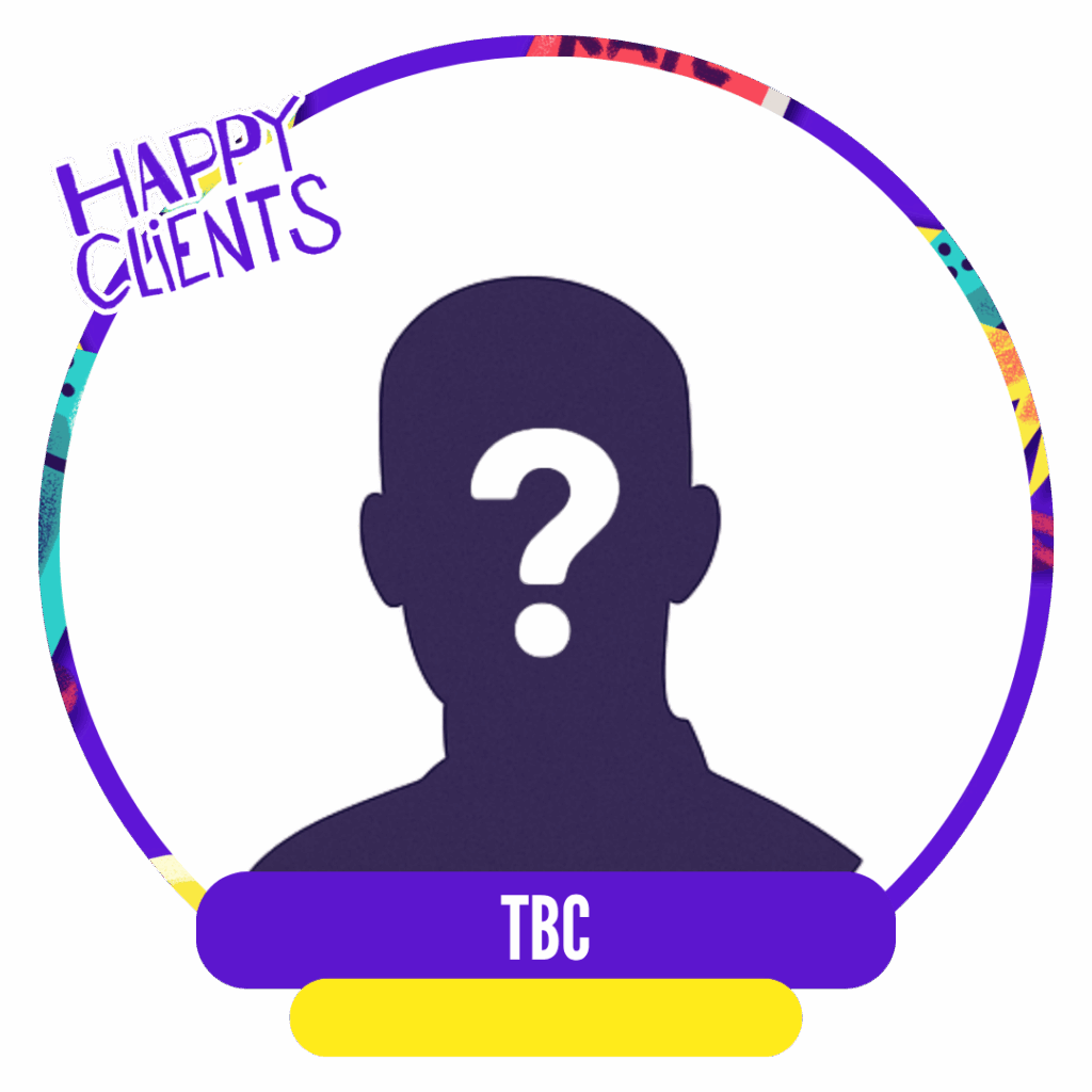 A silhouette of a person with a question mark, surrounded by vibrant, colorful patterns. The text above reads "Happy Clients," with "TBC" displayed at the bottom.