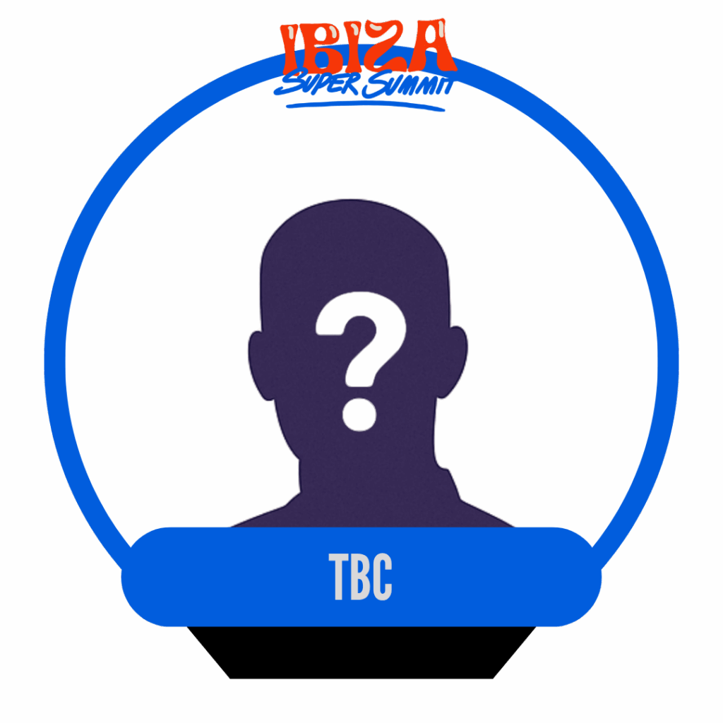 A graphic featuring a silhouette of a person with a question mark, indicating an unknown identity. The background is blue, and it includes the text "TBC" and "Ibiza Super Summit" at the top.