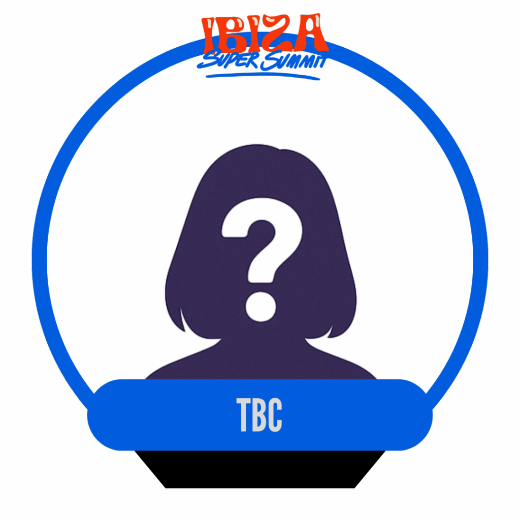 A graphic featuring a silhouetted woman with a question mark, indicating a placeholder for an unknown or to-be-confirmed speaker. The top displays "Ibiza Super Summit" in bold letters.