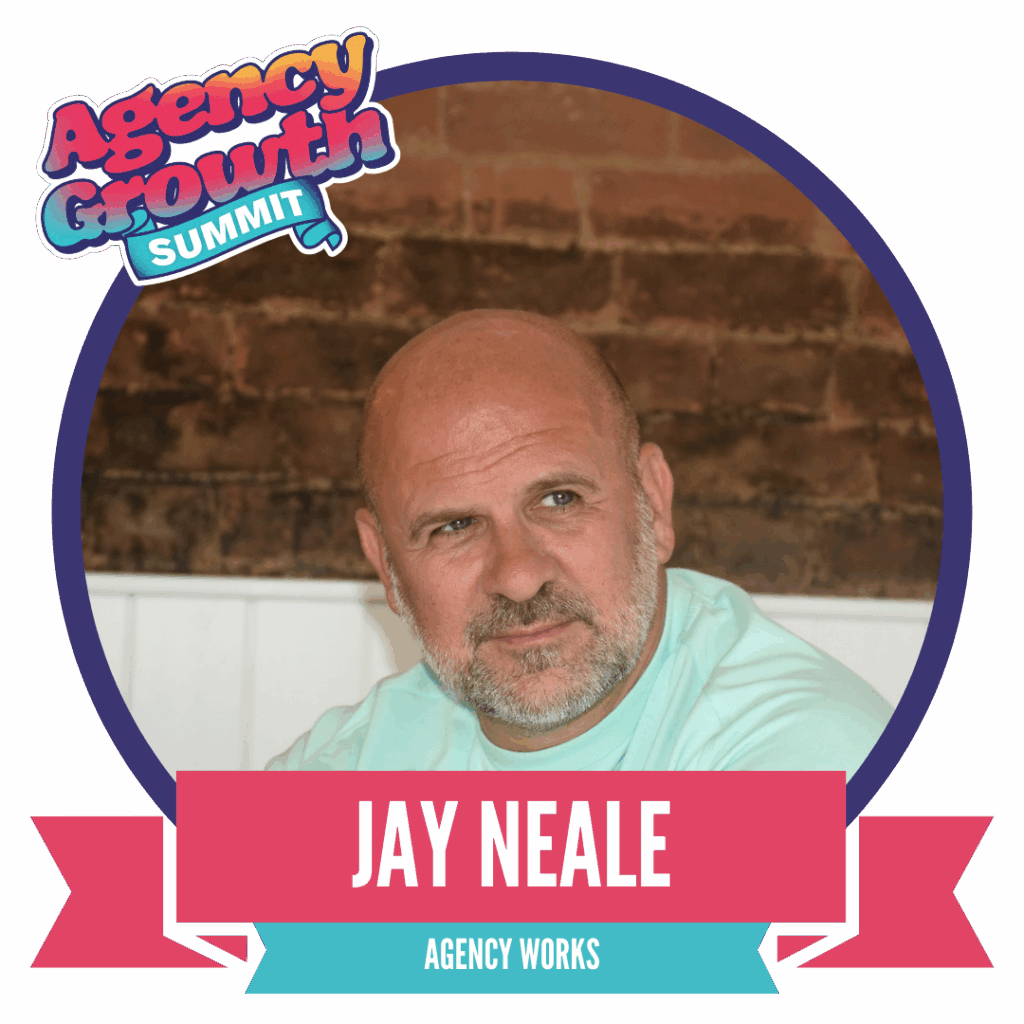 Man in a light blue shirt looking to the side, framed in a circular design, with "Jay Neale" text below and Agency Growth Summit branding.