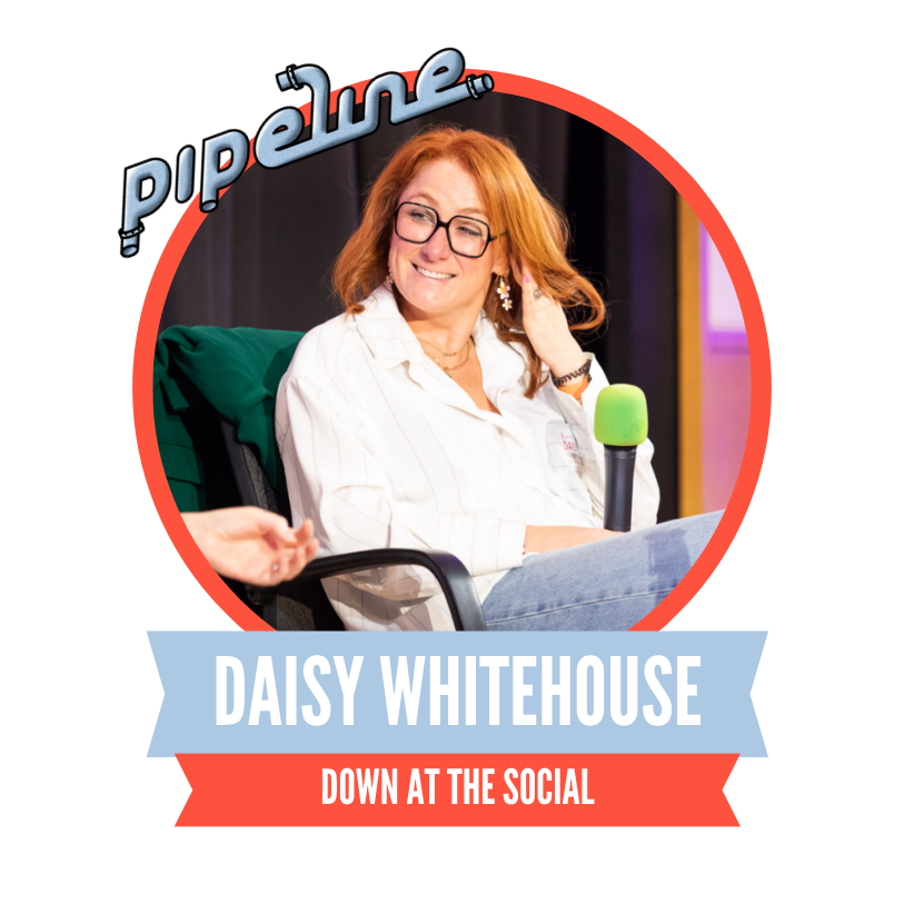A woman with glasses and red hair sits comfortably, holding a microphone, smiling at someone off-camera. The image includes text reading "Pipeline" and "Daisy Whitehouse, Down at the Social."