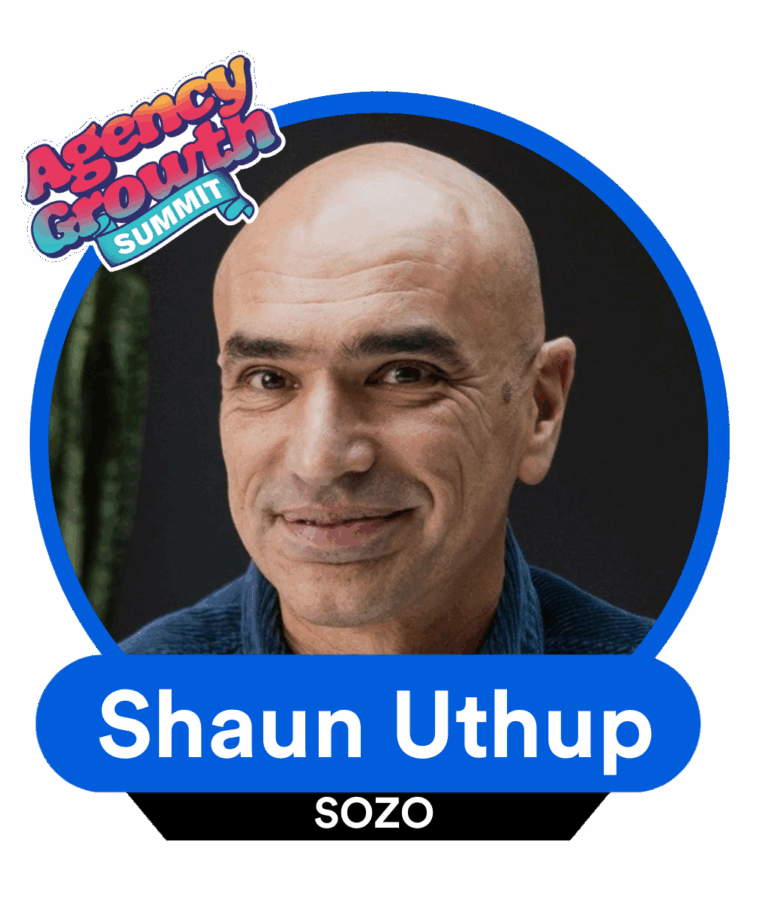 A bald man smiling against a dark backdrop, labeled Shaun Uthup, SOZO, with an Agency Growth Summit logo.