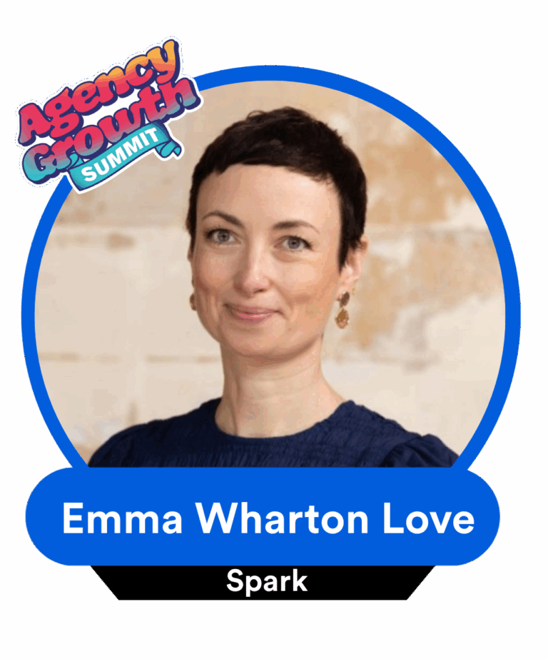 Woman with short hair wearing a navy top against a textured wall, framed by a blue circle with text "Emma Wharton Love" and "Spark," plus "Agency Growth Summit" logo.