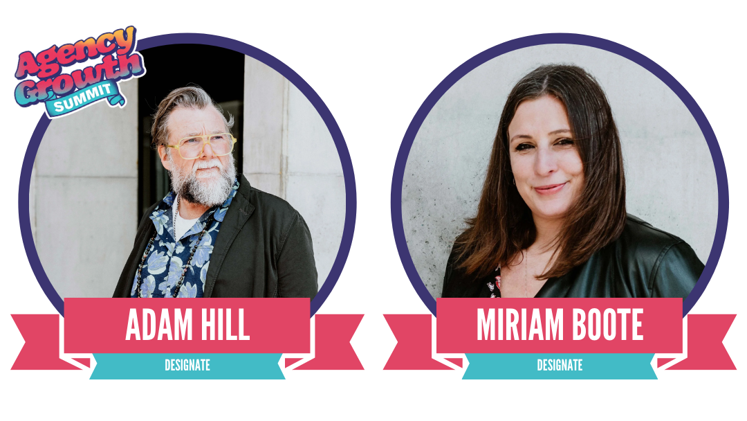 Two profile images of Adam Hill and Miriam Boote, both labeled as "Designate," featured in circular frames with a purple background.