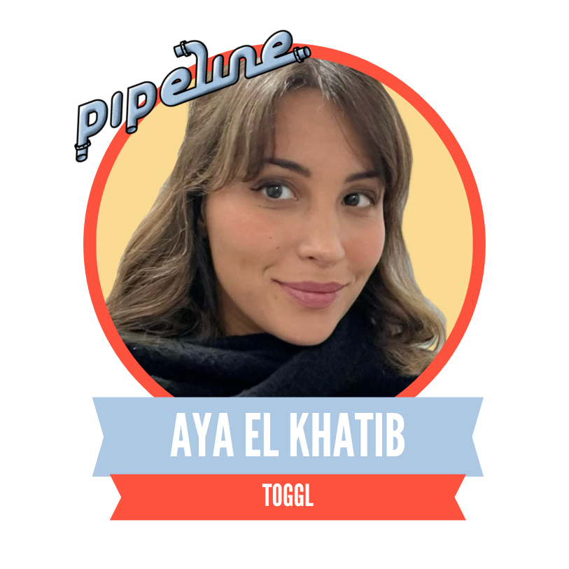 Portrait of a woman with brown hair, smiling. The image is framed in a red circle with "Pipeline" text and features a banner below with the name "Aya El Khatib" and "Toggl".