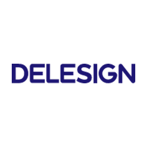 Logo of DELESIGN, featuring the word "DELESIGN" in bold, blue letters on a white background.