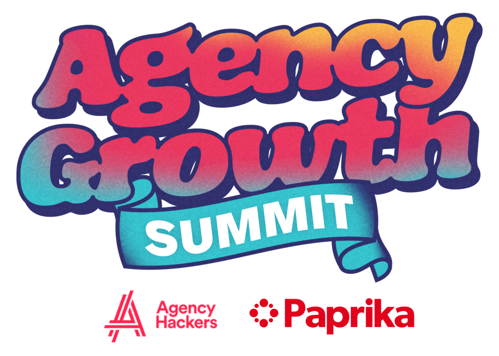 "Colorful 'Agency Growth Summit' logo with vibrant, gradient text and a ribbon banner. Features Atex and Paprika logos beneath."