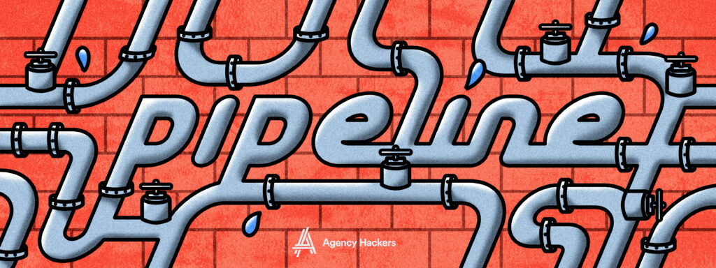The word "pipeline" spelled out with interconnected pipes on a brick wall, with droplets of water visibly leaking from some of the connections.