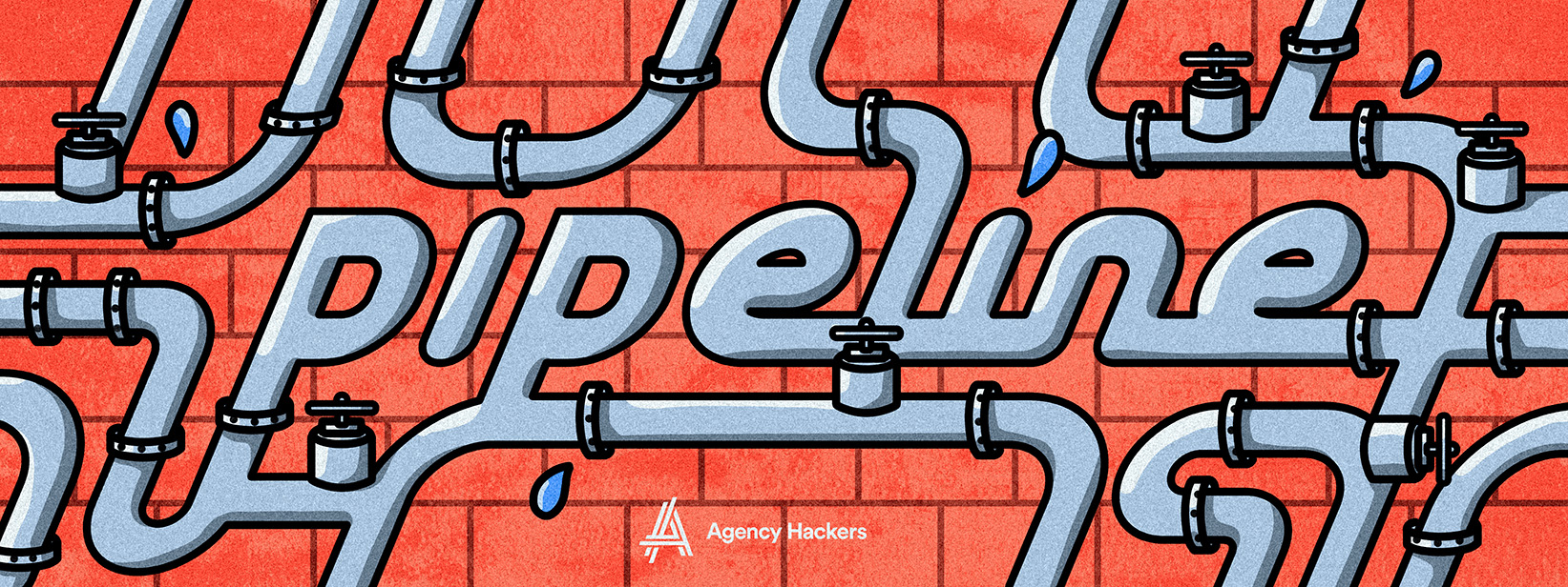 Text reads "pipeline" creatively integrated into a network of metal pipes against a red brick background.