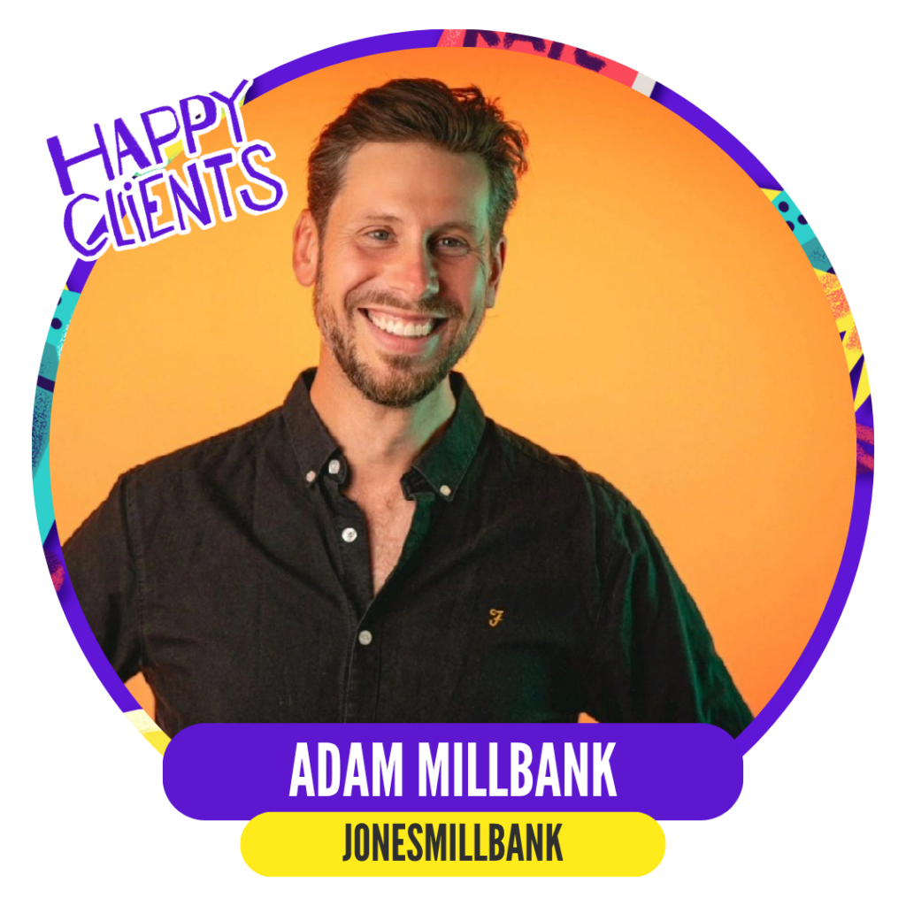 Smiling man in a black shirt against an orange background with "Happy Clients" text and colorful border.