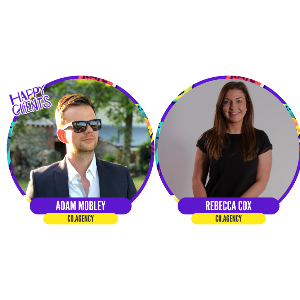 Two people are featured in circular frames with colorful borders. The person on the left wears sunglasses, and the person on the right smiles confidently. Text labels their names and role as part of "C L Agency."