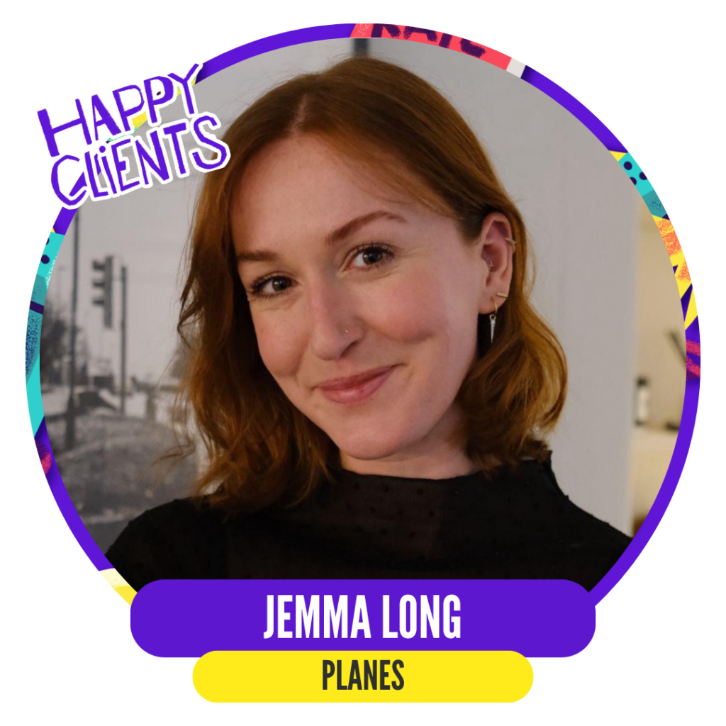 Woman with shoulder-length auburn hair smiling, framed in a colorful circular graphic labeled "Happy Clients."