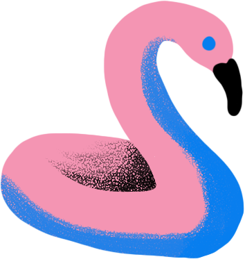 Stylized illustration of a swan with a pink body and blue accents, set against a plain background.