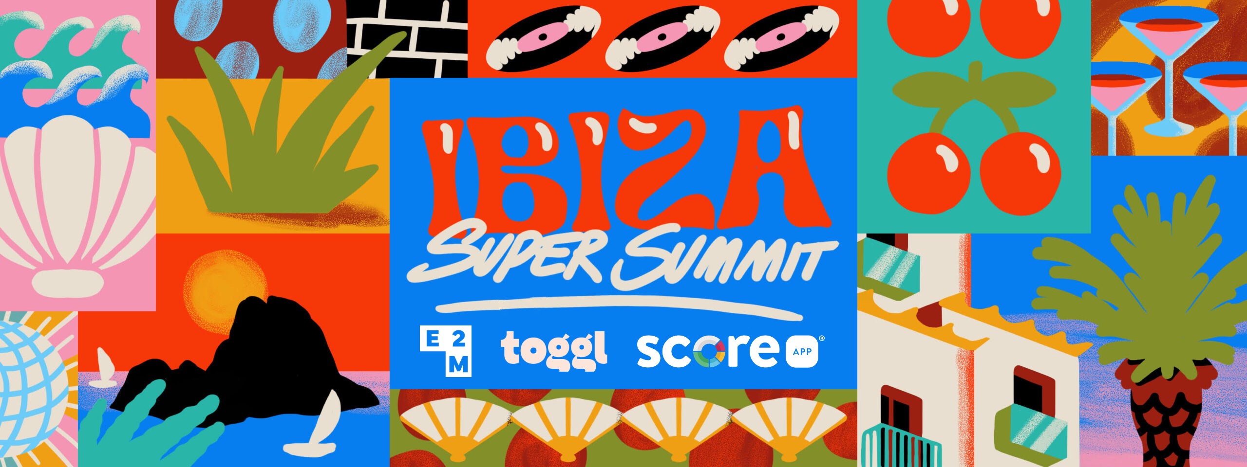 Colorful graphic for "Ibiza Super Summit" with vibrant icons of cherries, palm trees, cocktails, and seashells, along with sponsor logos for Toggl and Scoro.