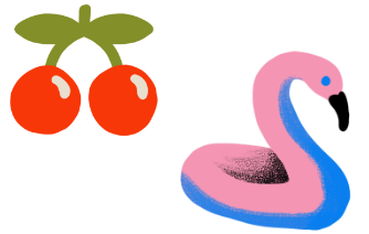 A playful illustration featuring two vibrant elements: a pair of red cherries with green leaves on the left and a stylized pink flamingo with blue accents on the right, set against a muted background.