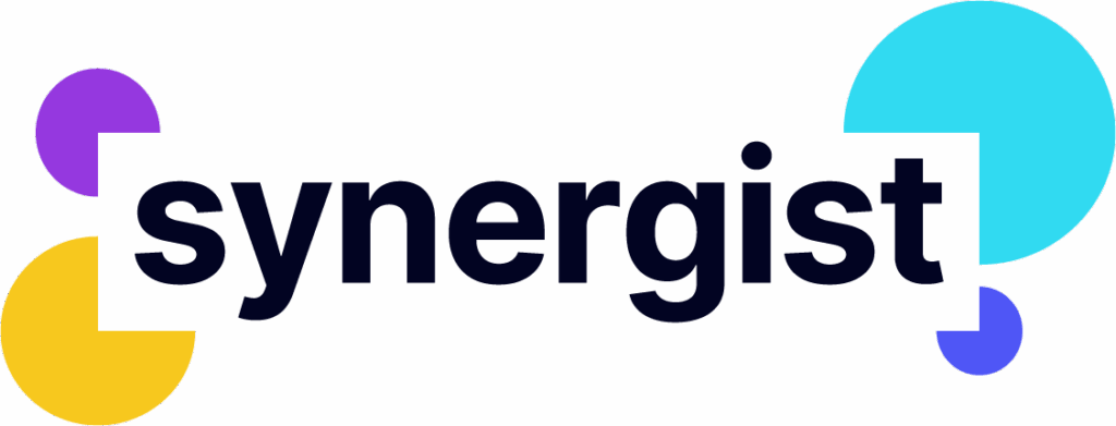 Logo of Synergist featuring the word "synergist" in bold, dark text, accompanied by colorful circular shapes in purple, teal, and yellow around it.