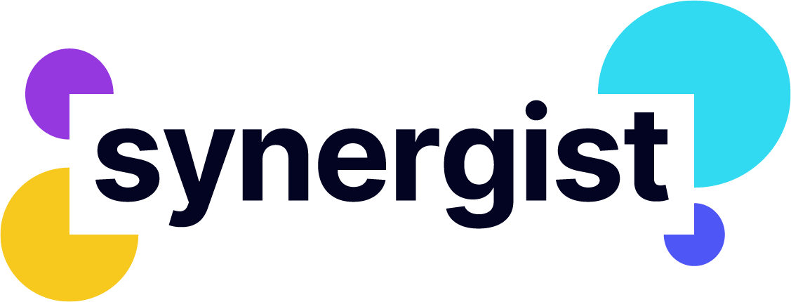 Logo of Synergist featuring the word "synergist" in bold, dark text, accompanied by colorful circular shapes in purple, teal, and yellow around it.