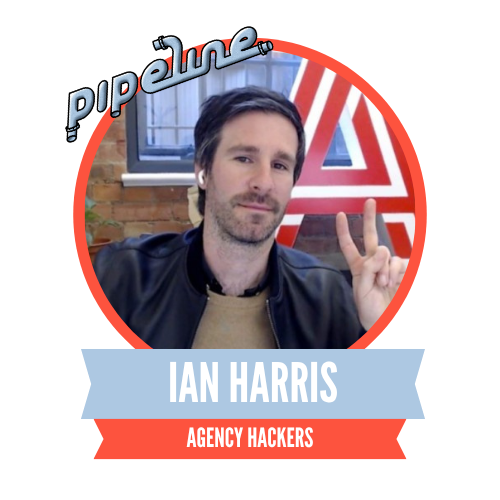 Person with dark hair in a leather jacket gives a peace sign in front of a red and white geometric background. Text reads: "Ian Harris, Agency Hackers."