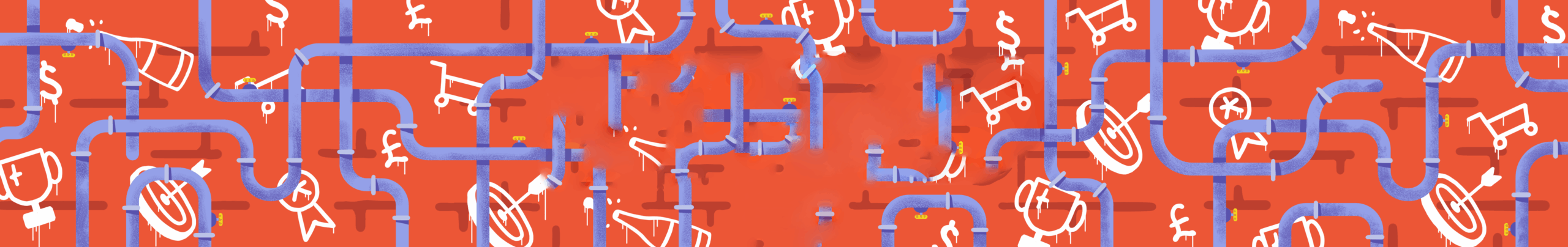 A vibrant orange background features a complex pattern of intertwined blue lines, depicting various musical instruments and notes, creating a playful and artistic representation of music and sound.