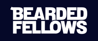 Text image displaying "Bearded Fellows" in bold white letters on a dark blue background.