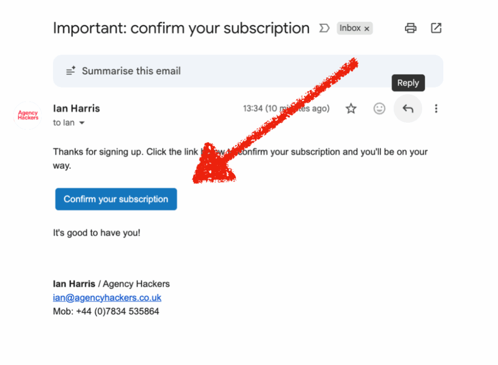 Email prompting the user to confirm their subscription by clicking a button marked "Confirm your subscription," highlighted by a red arrow.
