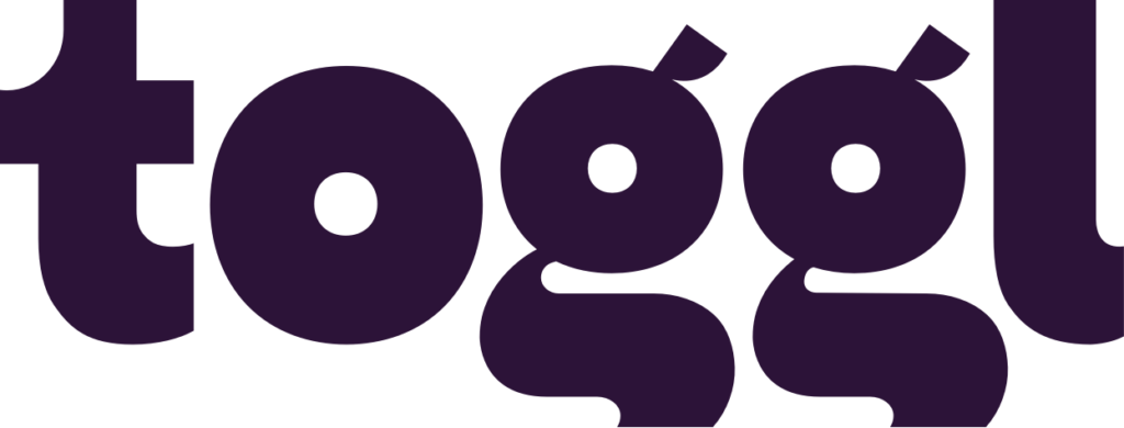 The image shows the word "toggl" in bold, lowercase letters with a quirky, rounded font, colored in a rich purple.