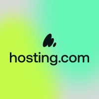 Logo of hosting.com, featuring a stylized icon above the text. The background gradient transitions from green to blue. The design is modern and sleek, emphasizing digital hosting services.