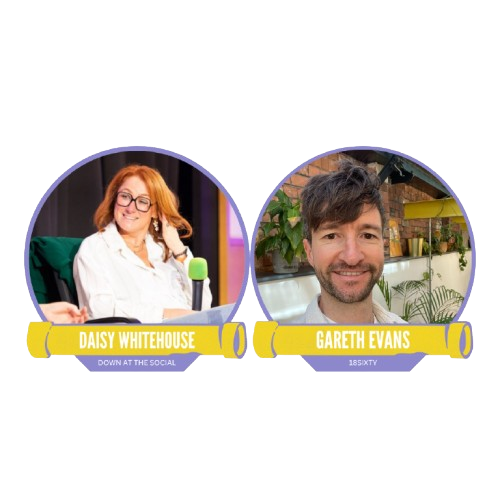 Two individuals, labeled Daisy Whitehouse and Gareth Evans, are shown in circular frames. Daisy is in a white outfit with glasses, and Gareth has a casual look with a beard.