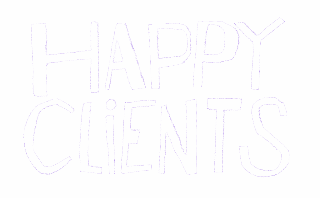 The image features the text "HAPPY CLIENTS" written in a playful, bold font against a purple background, conveying a positive and cheerful message about client satisfaction.