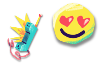 An illustrated image featuring a playful, cartoon-style detonator with a spark and a colorful smiley face with heart-shaped eyes, symbolizing excitement and affection.