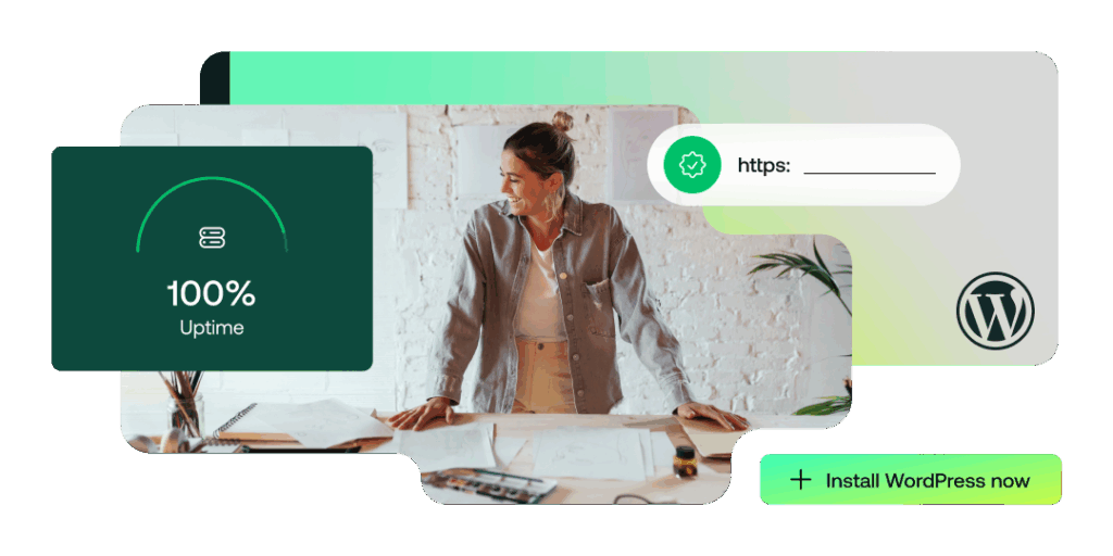 The image features a woman standing at a table with design materials, focused on her work. It includes graphical elements displaying a "100% Uptime" status and a prompt to install WordPress, emphasizing web performance and accessibility.