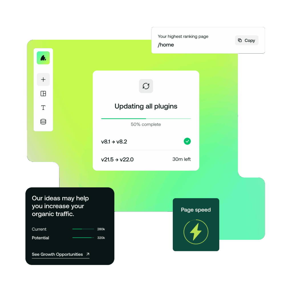 A digital interface displaying a progress update for plugin installation, indicating 50% completion, with version details and estimated time remaining. Additional elements suggest site performance insights and opportunities for organic traffic growth. The background features a gradient of green hues.