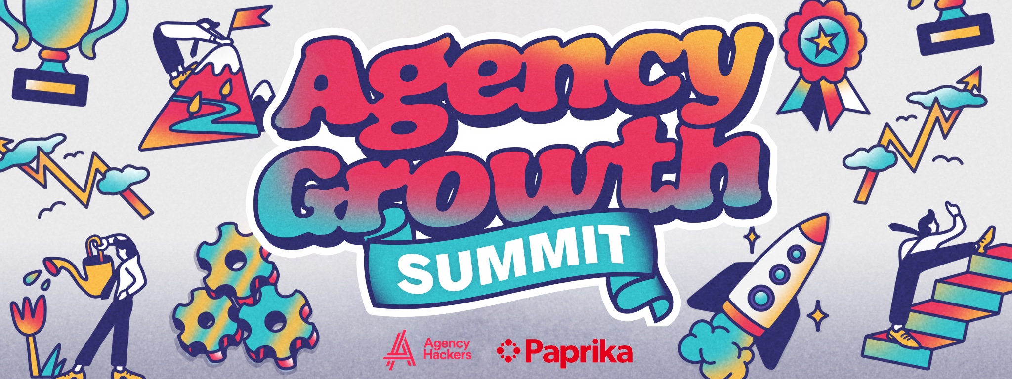 Colorful "Agency Growth Summit" poster featuring dynamic illustrations of charts, rockets, and awards.