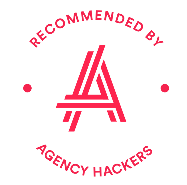 A logo featuring stylized letters "A" within a circular emblem, with the text "Recommended by Agency Hackers" surrounding it in red.