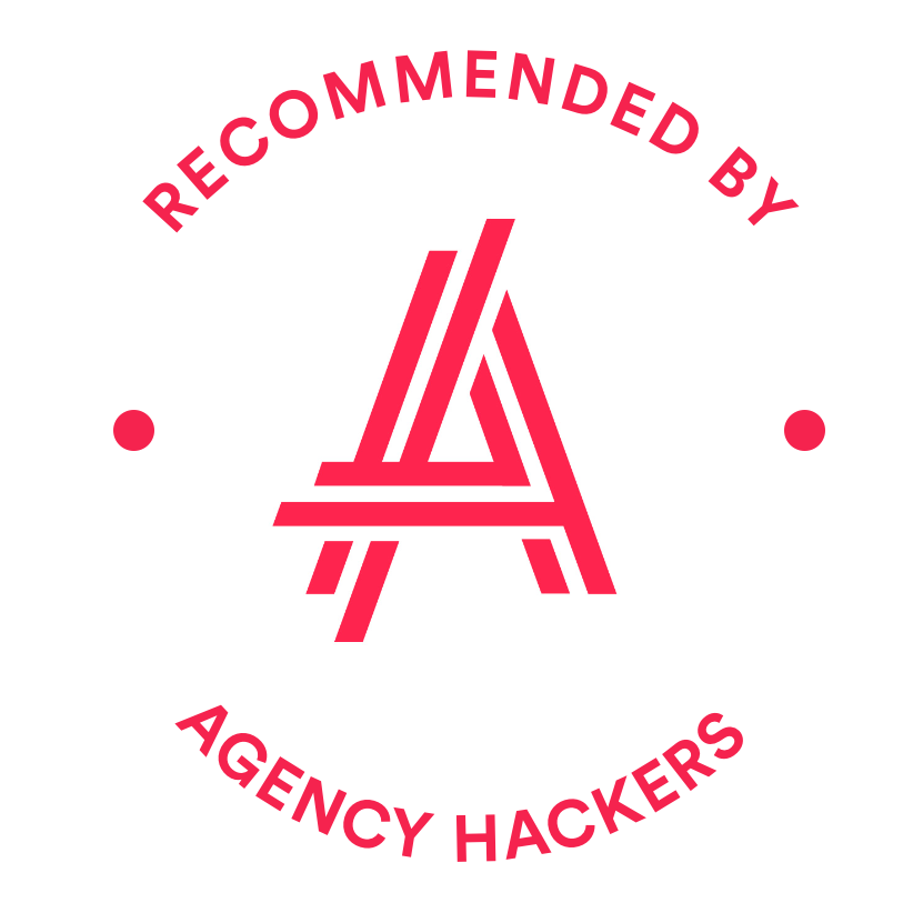 Logo featuring stylized letters "AA" in pink, surrounded by the text "Recommended by Agency Hackers" in a circular layout. The design emphasizes endorsement and professionalism within the agency sector.