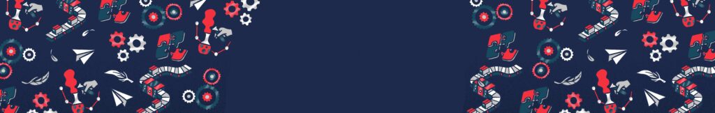 A vibrant pattern featuring an array of abstract shapes and designs in red, white, and blue against a dark navy background, creating a lively and artistic atmosphere.