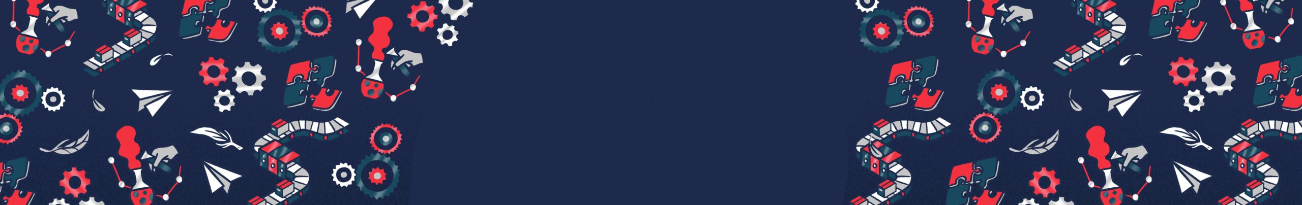 A vibrant pattern featuring an array of abstract shapes and designs in red, white, and blue against a dark navy background, creating a lively and artistic atmosphere.