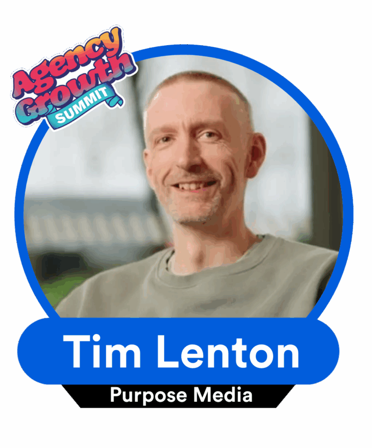 A person smiling in a circular blue frame with the text "Agency Growth Summit." The name "Tim Lenton" and "Purpose Media" are displayed below.