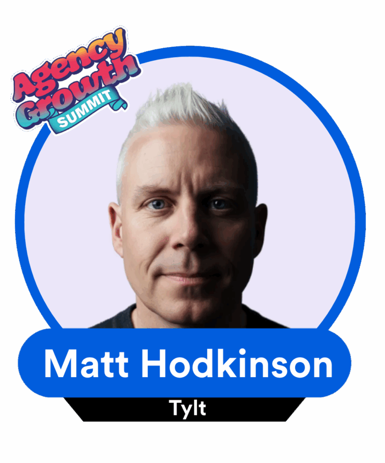 A man with short white hair is centered in a circular frame with a blue outline. The text "Agency Growth Summit" appears above, and "Matt Hodkinson, Tylt" is written below.