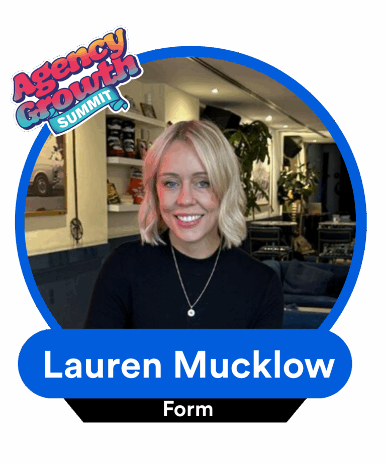 Smiling person with blond hair inside a circular frame, surrounded by a blue border featuring "Agency Growth Summit" text.
